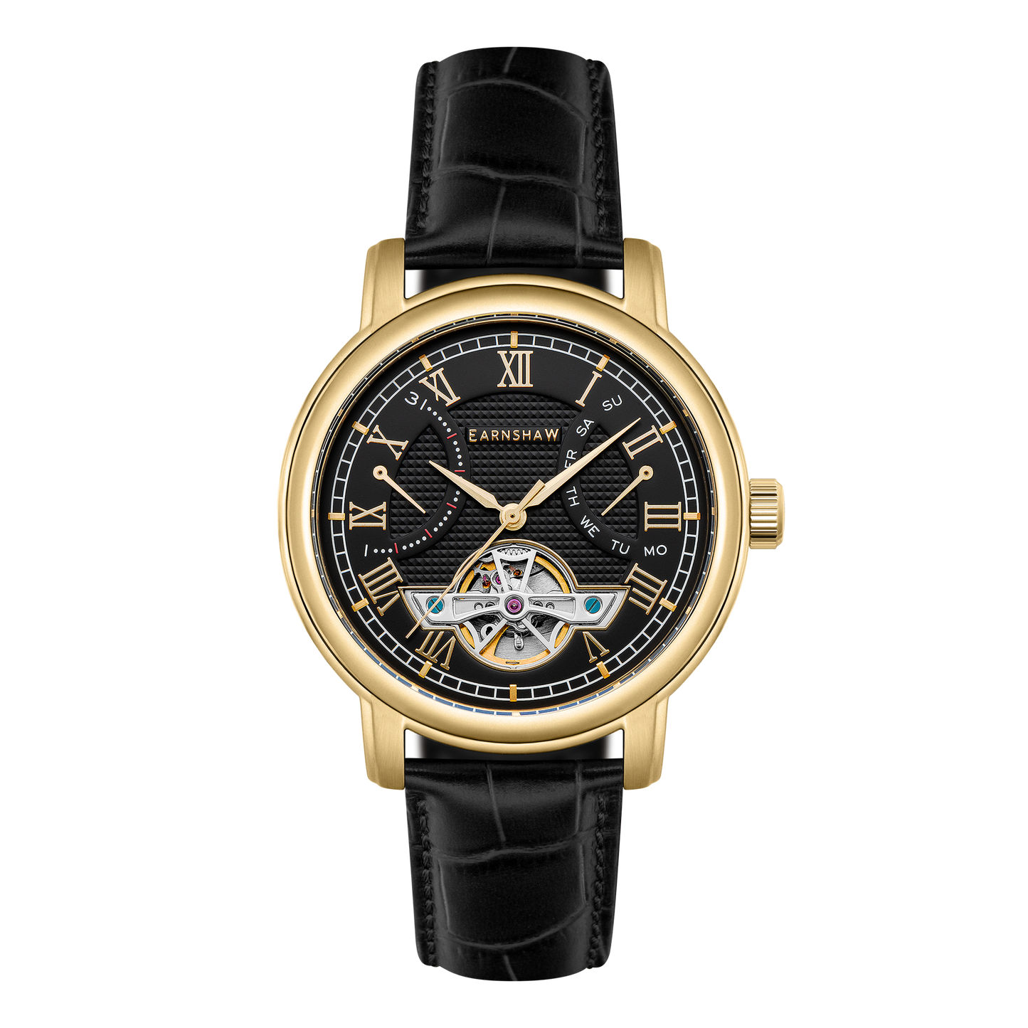 Thomas Earnshaw Men's 43mm Longcase Automatic Double Retrograde Calendar Leather Strap Watch