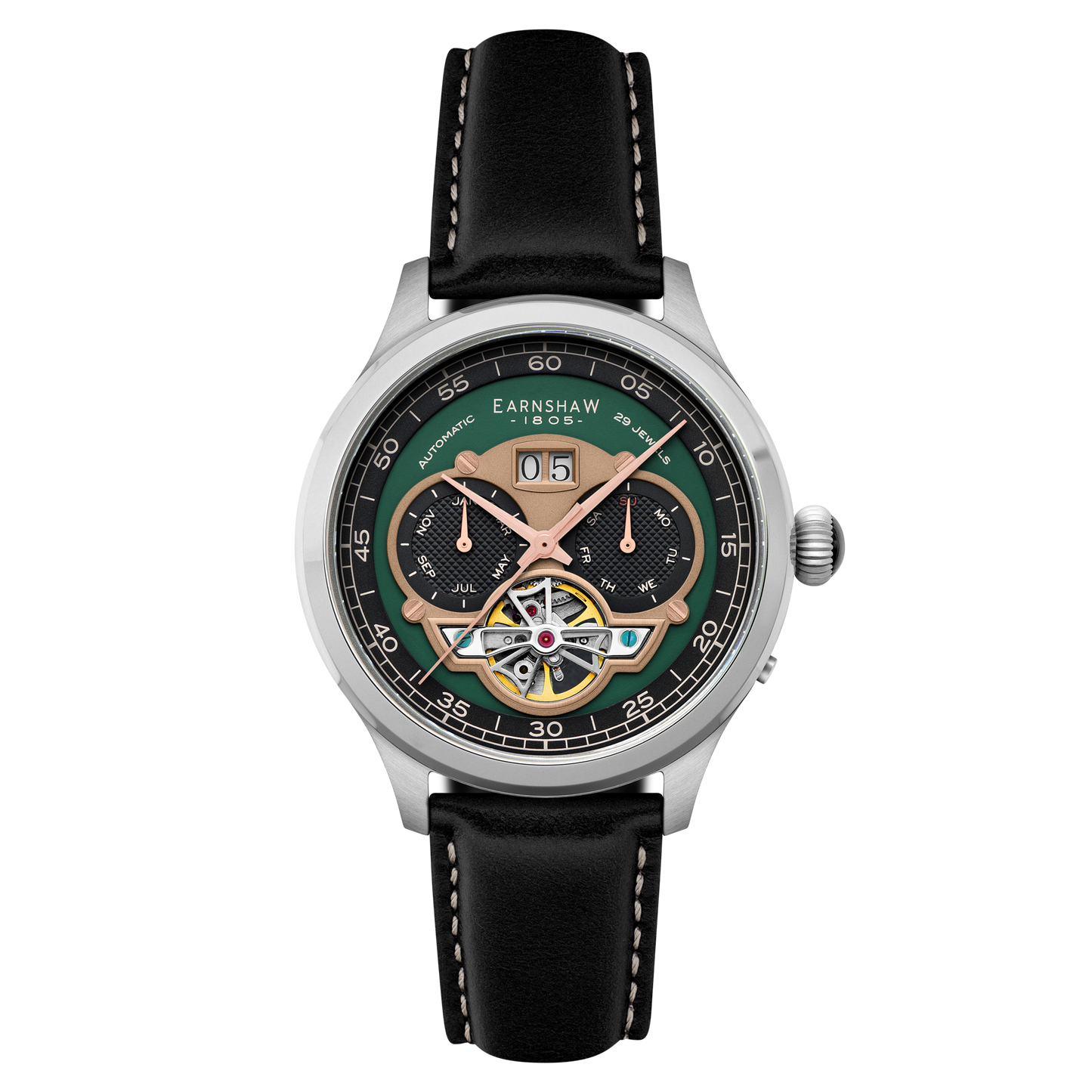 Thomas Earnshaw Men's 43mm Baron Grand Open Heart Automatic Strap Watch