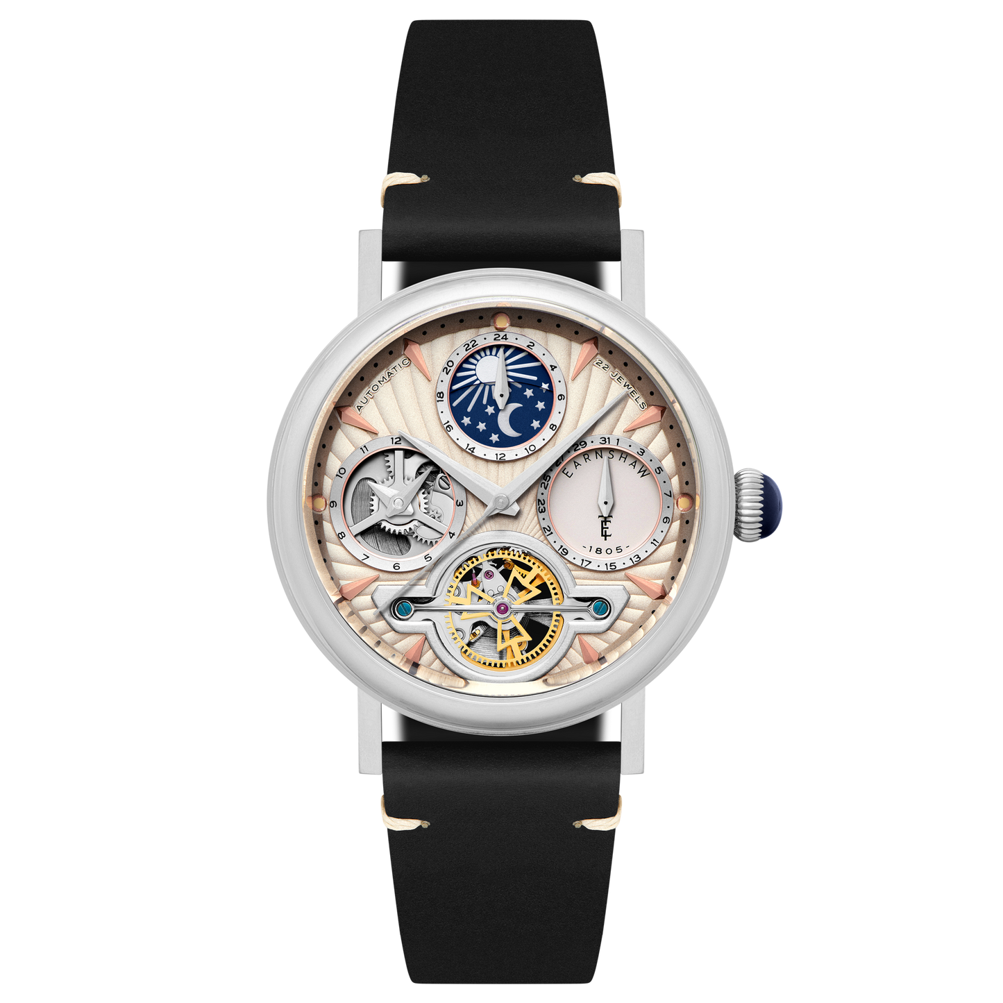 Thomas Earnshaw Men's 42mm Beaufort Automatic Dual Time Moonphase Leather Strap Watch