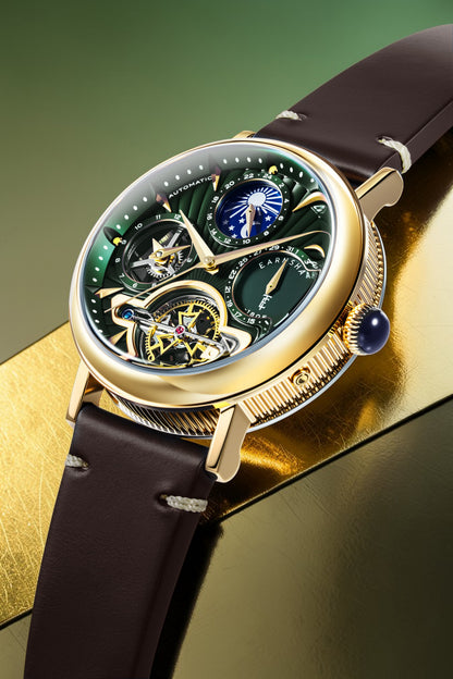Thomas Earnshaw Men's 42mm Beaufort Automatic Dual Time Moonphase Leather Strap Watch