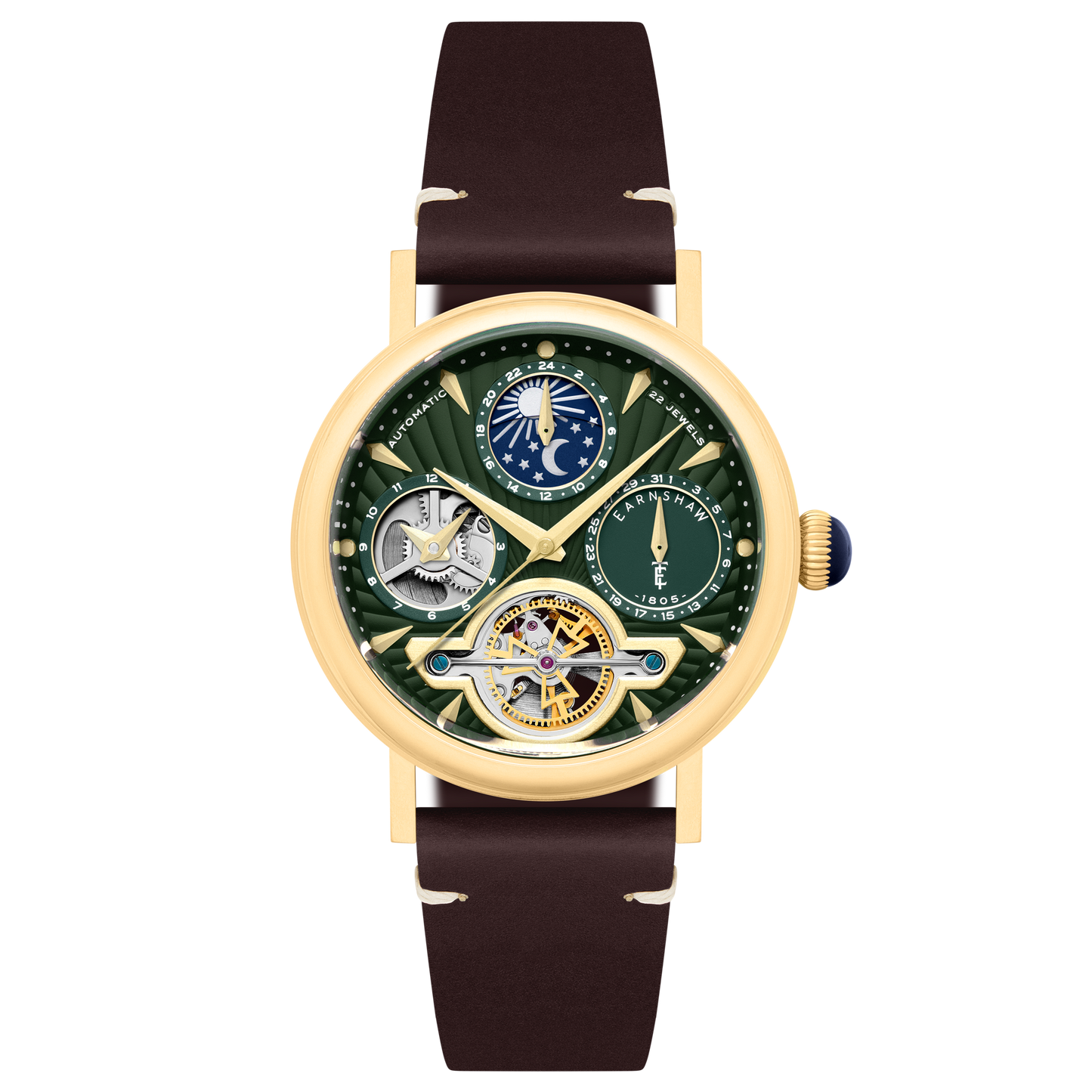 Thomas Earnshaw Men's 42mm Beaufort Automatic Dual Time Moonphase Leather Strap Watch