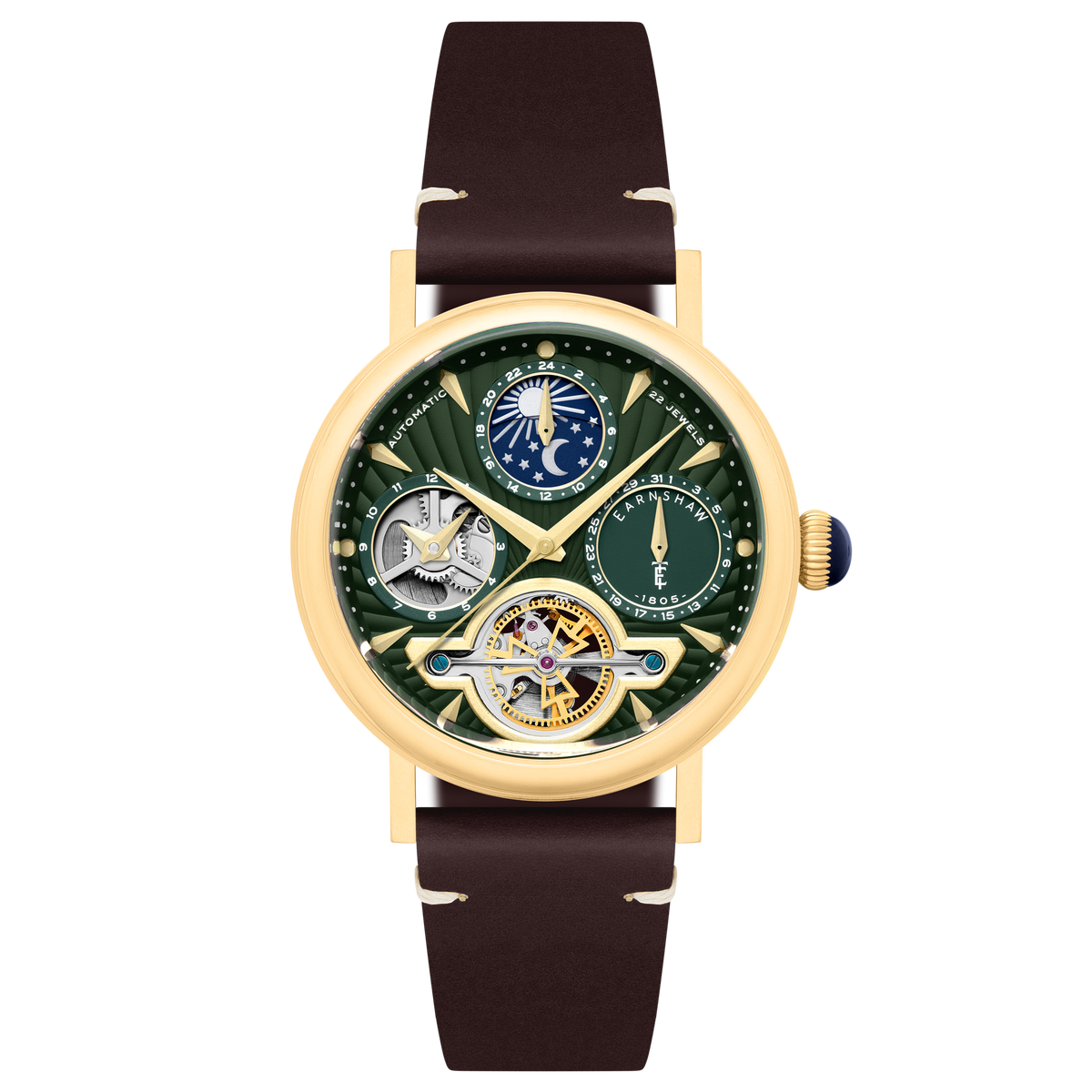 Thomas Earnshaw Men's 42mm Beaufort Automatic Dual Time Moonphase Leather Strap Watch