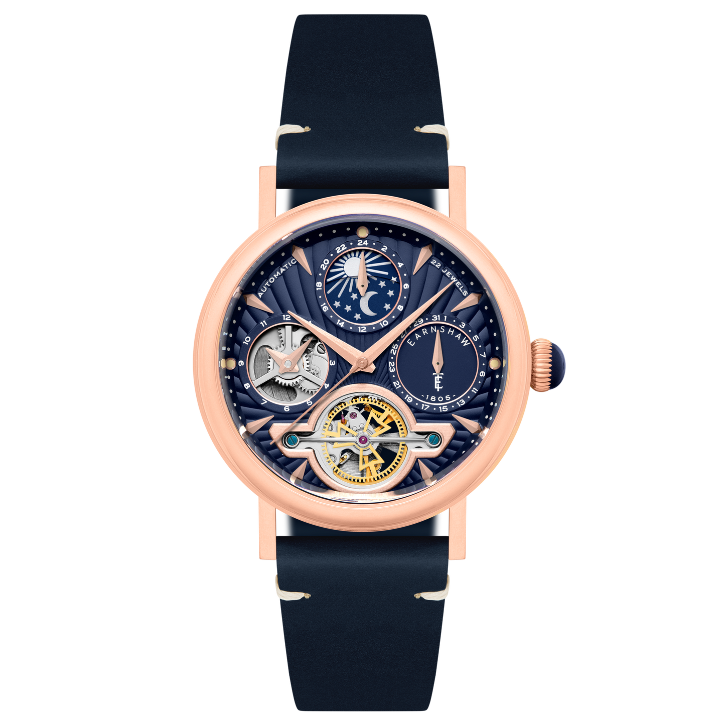 Thomas Earnshaw Men's 42mm Beaufort Automatic Dual Time Moonphase Leather Strap Watch