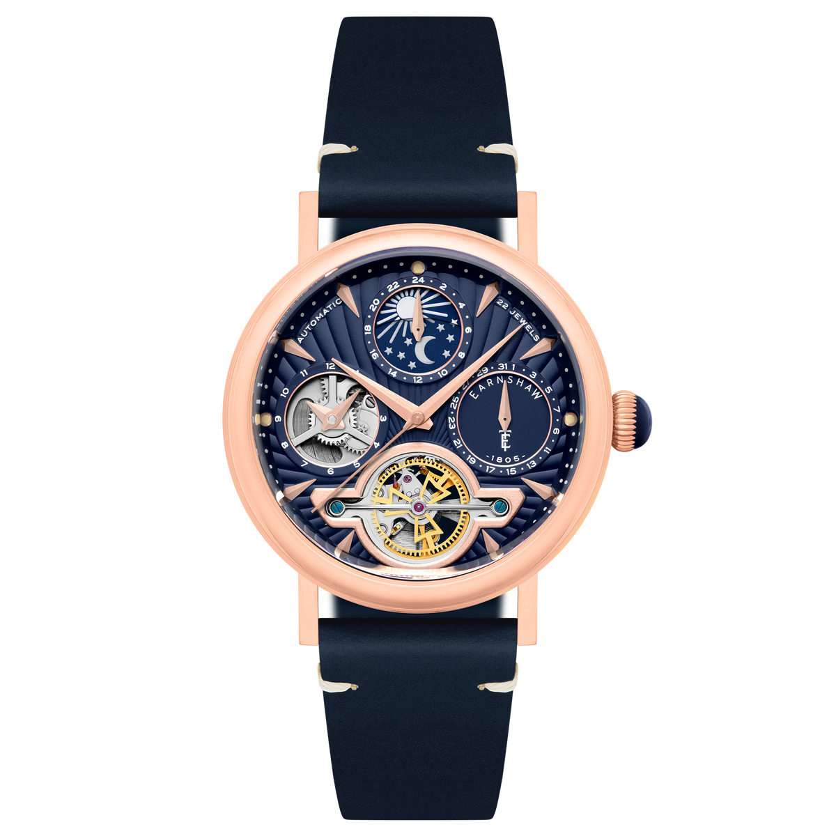 Thomas Earnshaw Men's 42mm Beaufort Automatic Dual Time Moonphase Leather Strap Watch