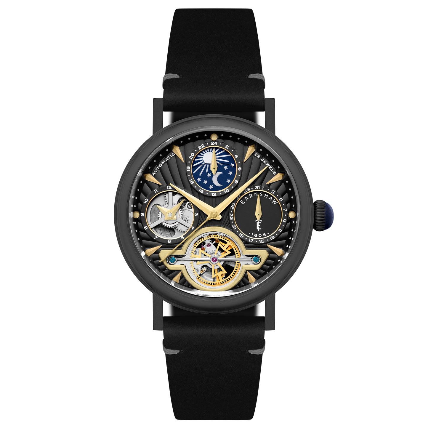 Thomas Earnshaw Men's 42mm Beaufort Automatic Dual Time Moonphase Leather Strap Watch