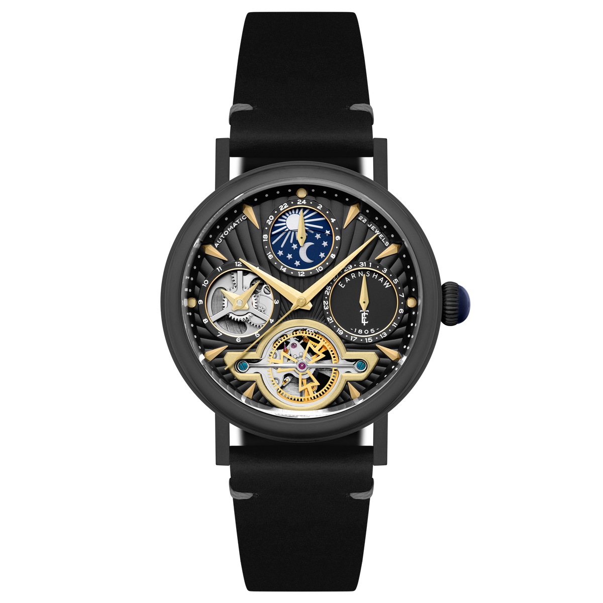 Thomas Earnshaw Men's 42mm Beaufort Automatic Dual Time Moonphase Leather Strap Watch