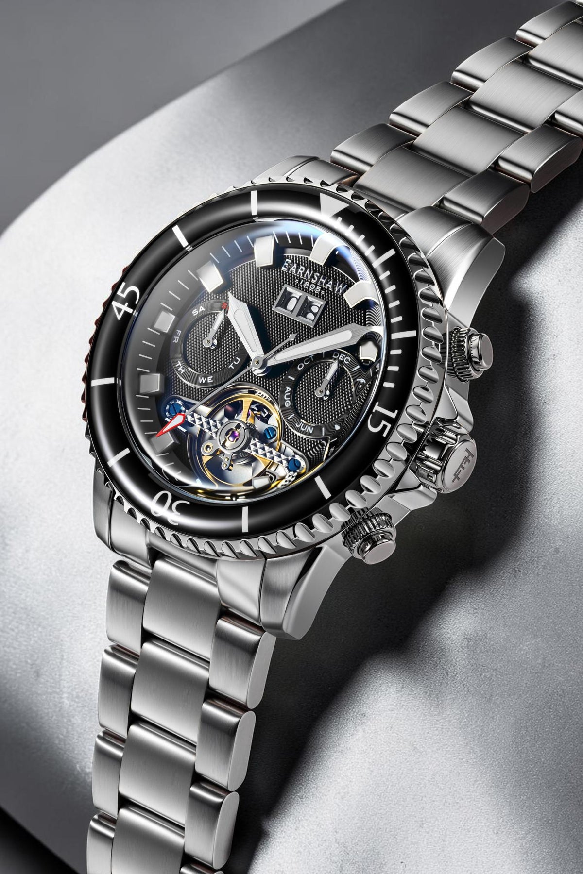 Thomas Earnshaw Men's 43mm Admiral Duncan Automatic Grand Date Calendar Silvertone Bracelet Watch