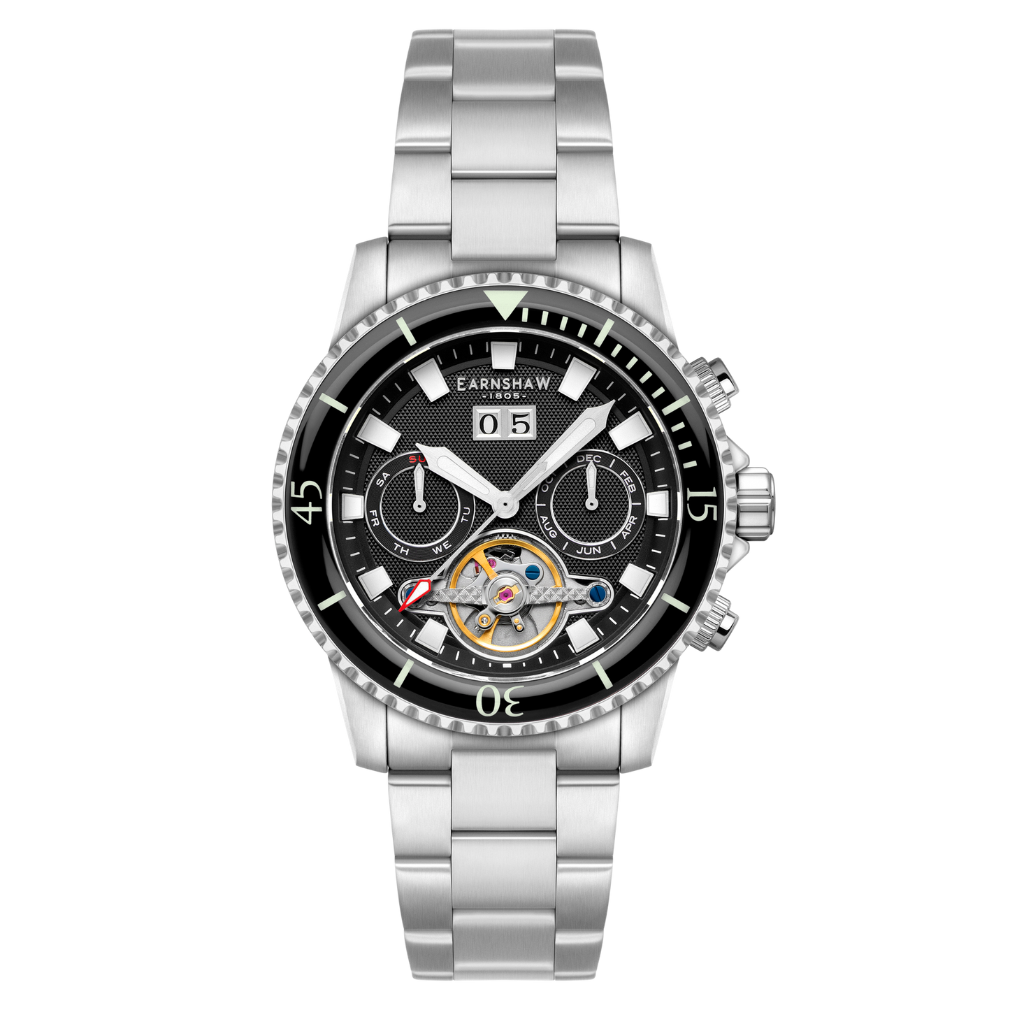 Thomas Earnshaw Men's 43mm Admiral Duncan Automatic Grand Date Calendar Silvertone Bracelet Watch