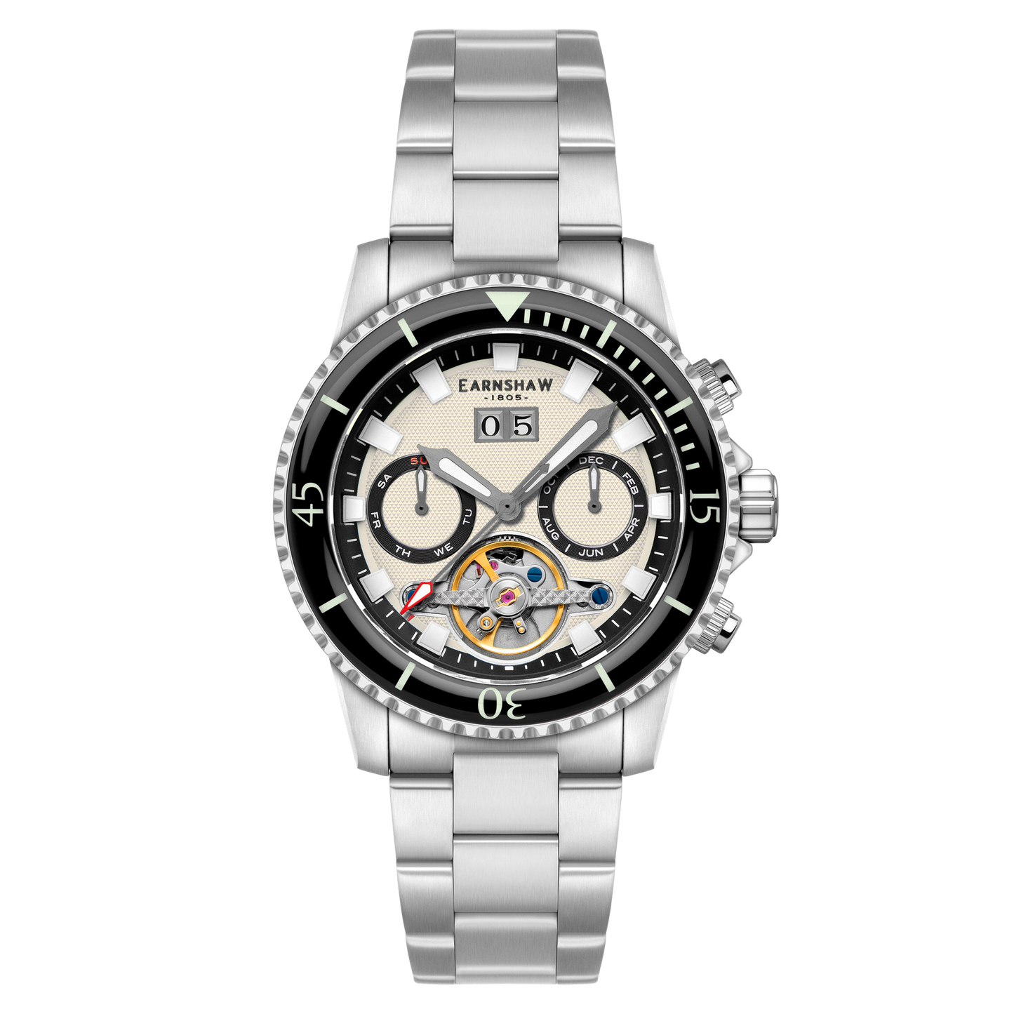 Thomas Earnshaw Men's 43mm Admiral Duncan Automatic Grand Date Calendar Silvertone Bracelet Watch