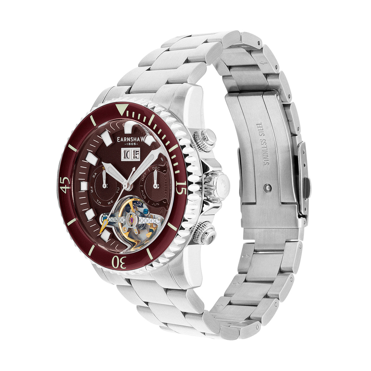 Thomas Earnshaw Men's 43mm Admiral Duncan Automatic Grand Date Calendar Silvertone Bracelet Watch