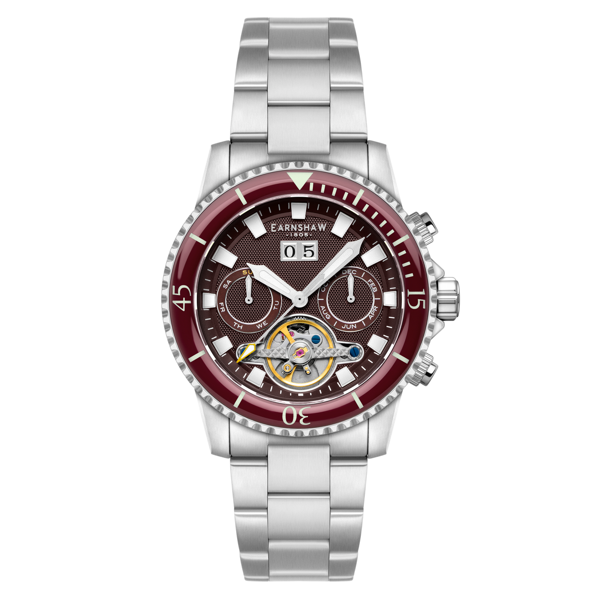Thomas Earnshaw Men's 43mm Admiral Duncan Automatic Grand Date Calendar Silvertone Bracelet Watch