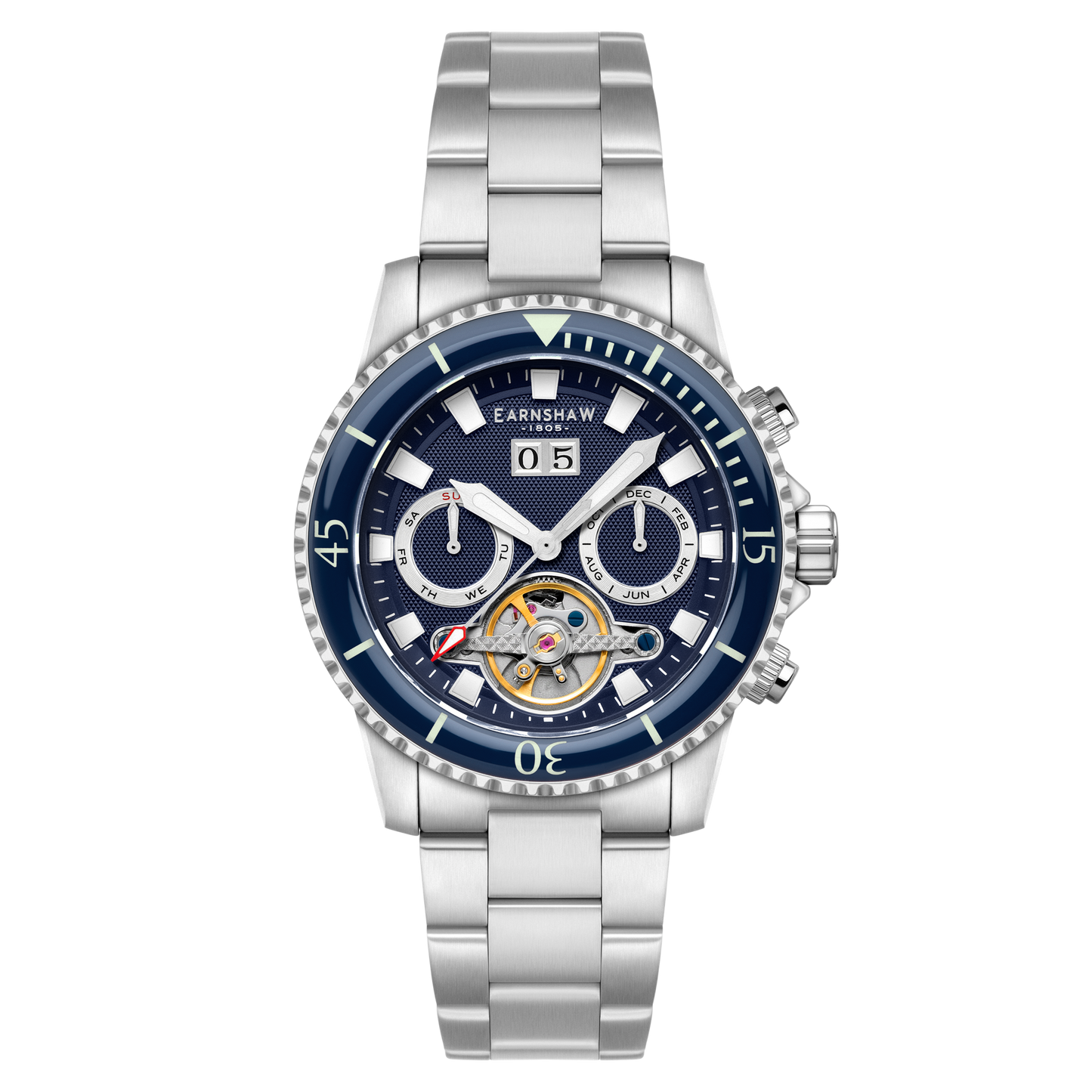 Thomas Earnshaw Men's 43mm Admiral Duncan Automatic Grand Date Calendar Silvertone Bracelet Watch