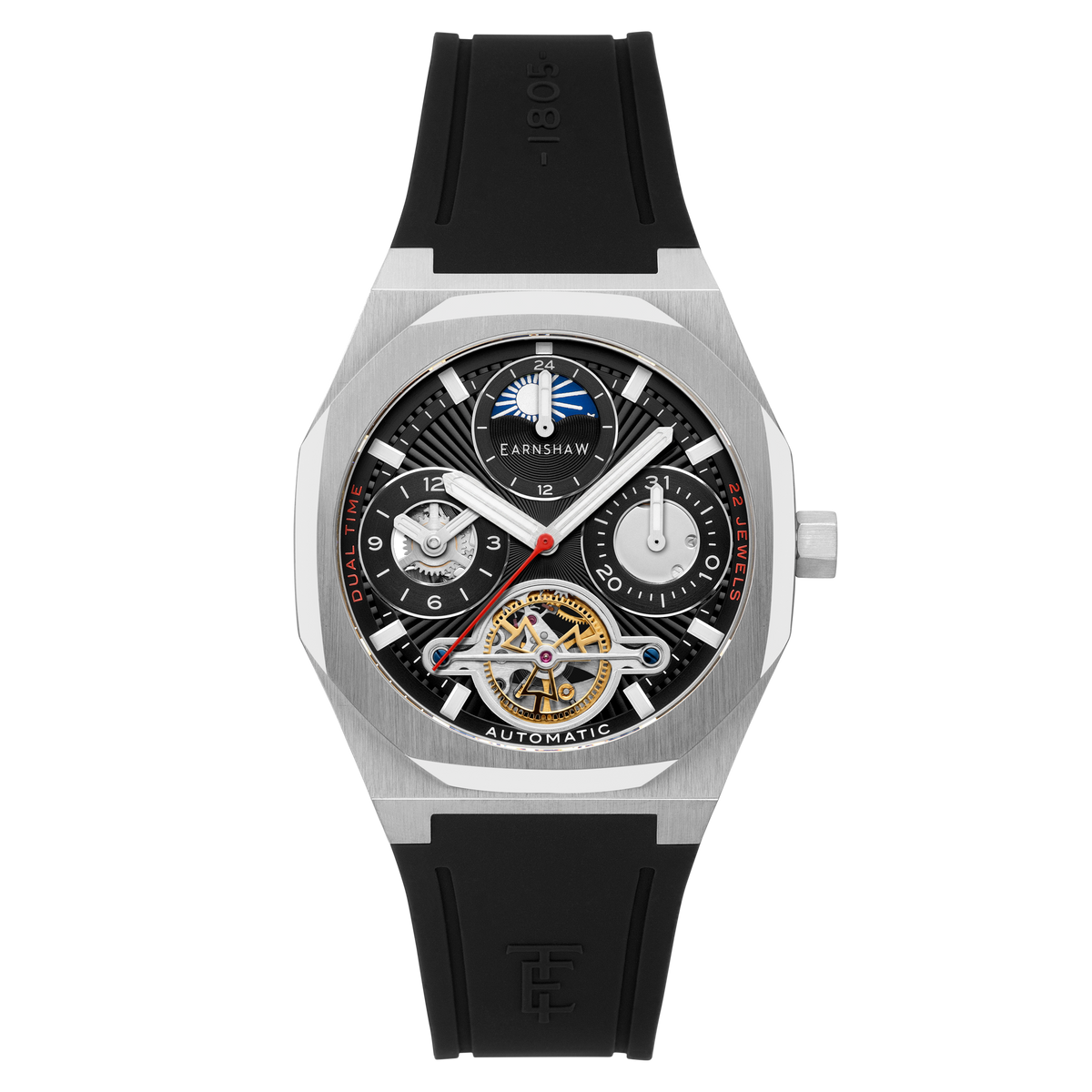 Thomas Earnshaw Men's 42mm Drake Automatic Dual Time Rubber Strap Watch