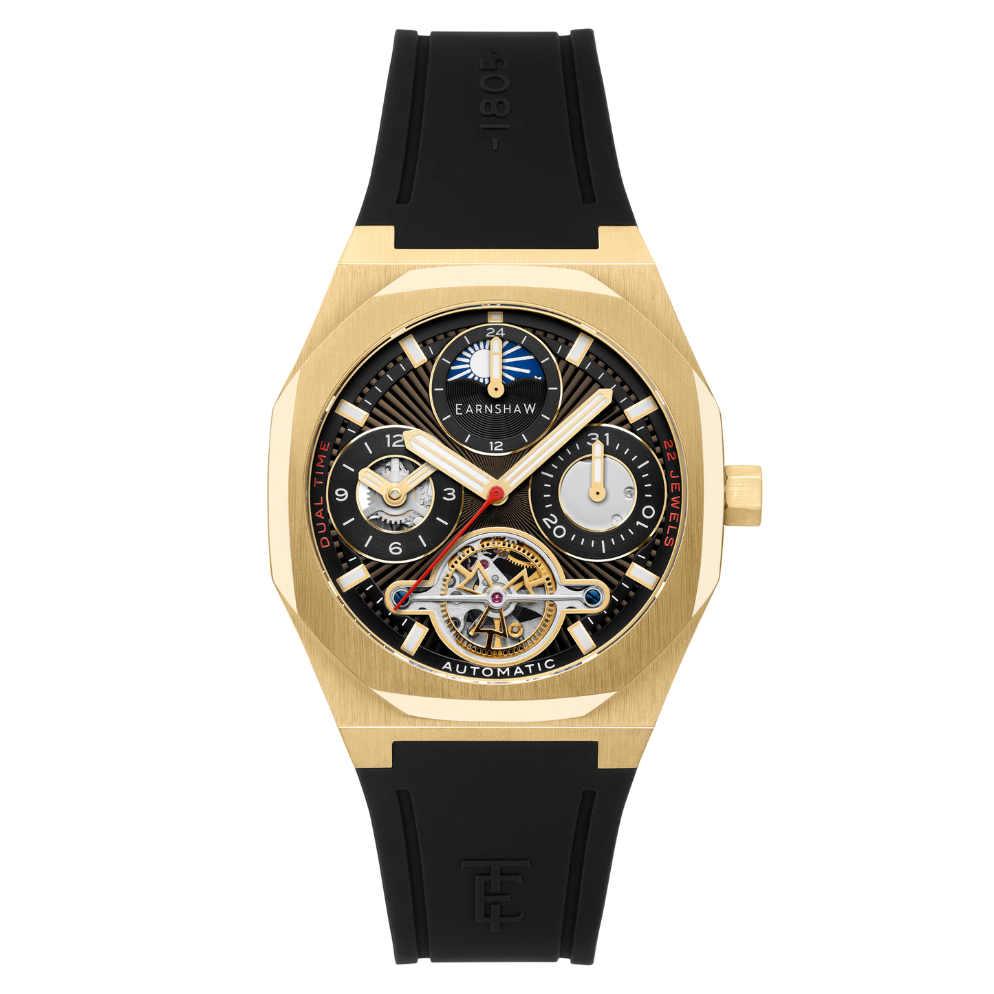 Thomas Earnshaw Men's 42mm Drake Automatic Dual Time Rubber Strap Watch