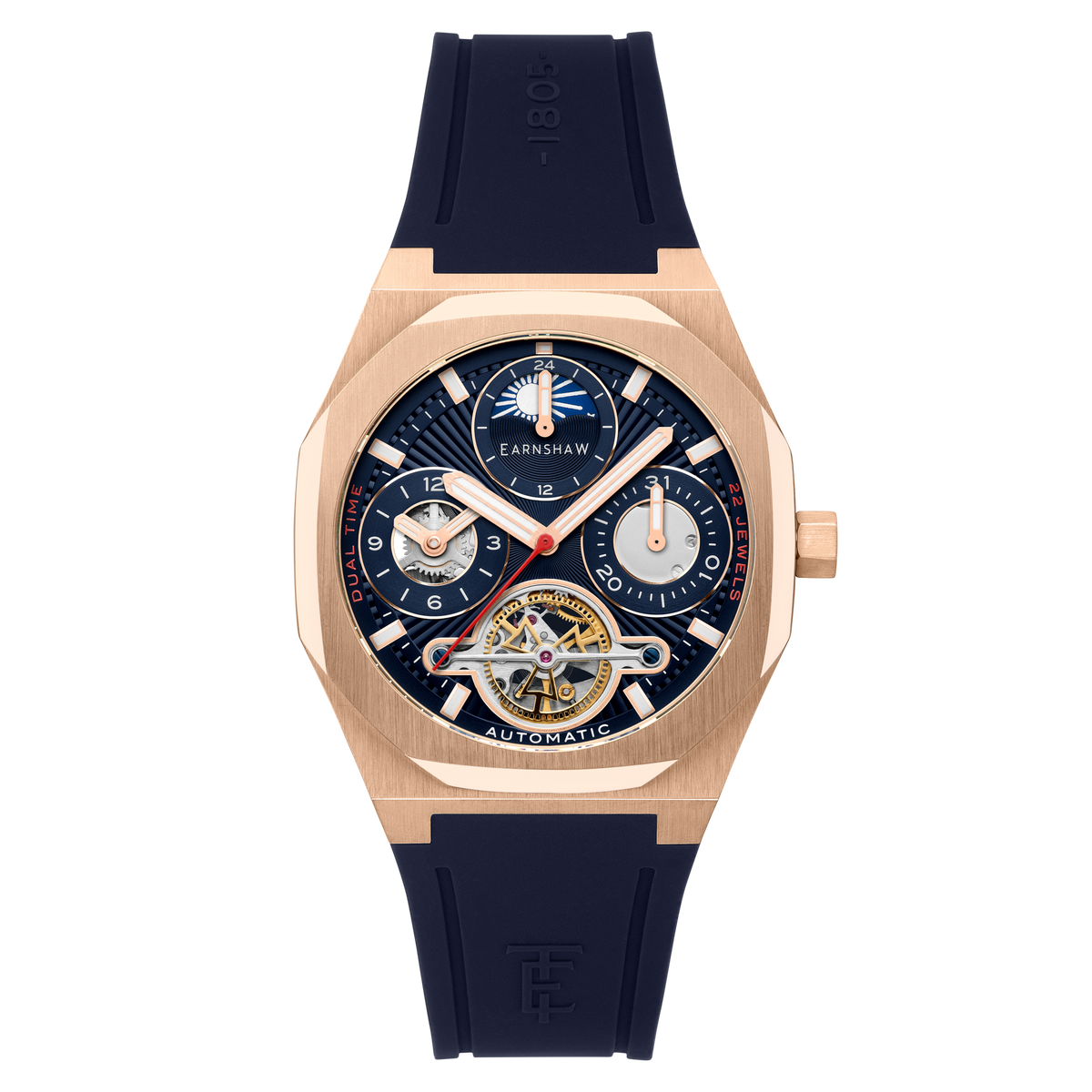 Thomas Earnshaw Men's 42mm Drake Automatic Dual Time Rubber Strap Watch