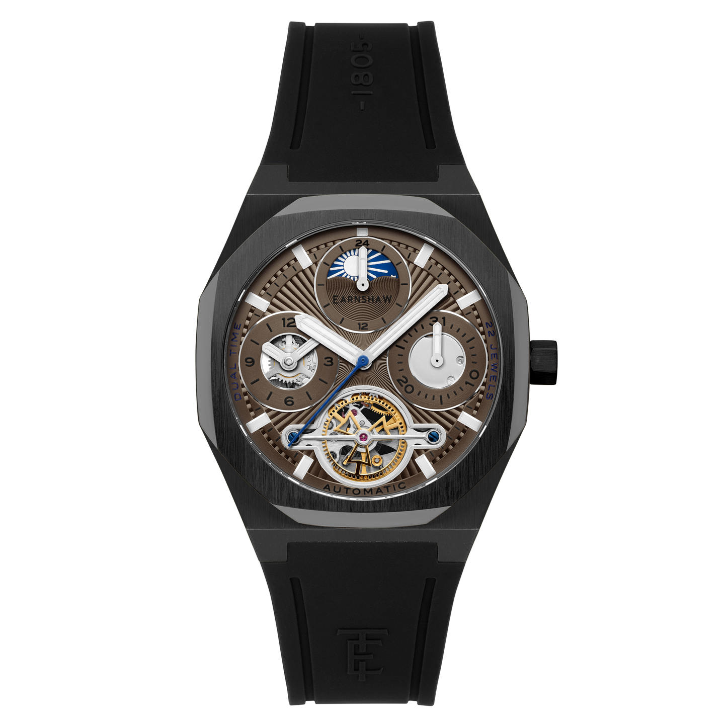 Thomas Earnshaw Men's 42mm Drake Automatic Dual Time Rubber Strap Watch