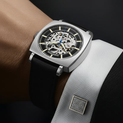 Thomas Earnshaw Men's 40mm Moorgate Automatic Skeletonized Square Leather Strap Watch