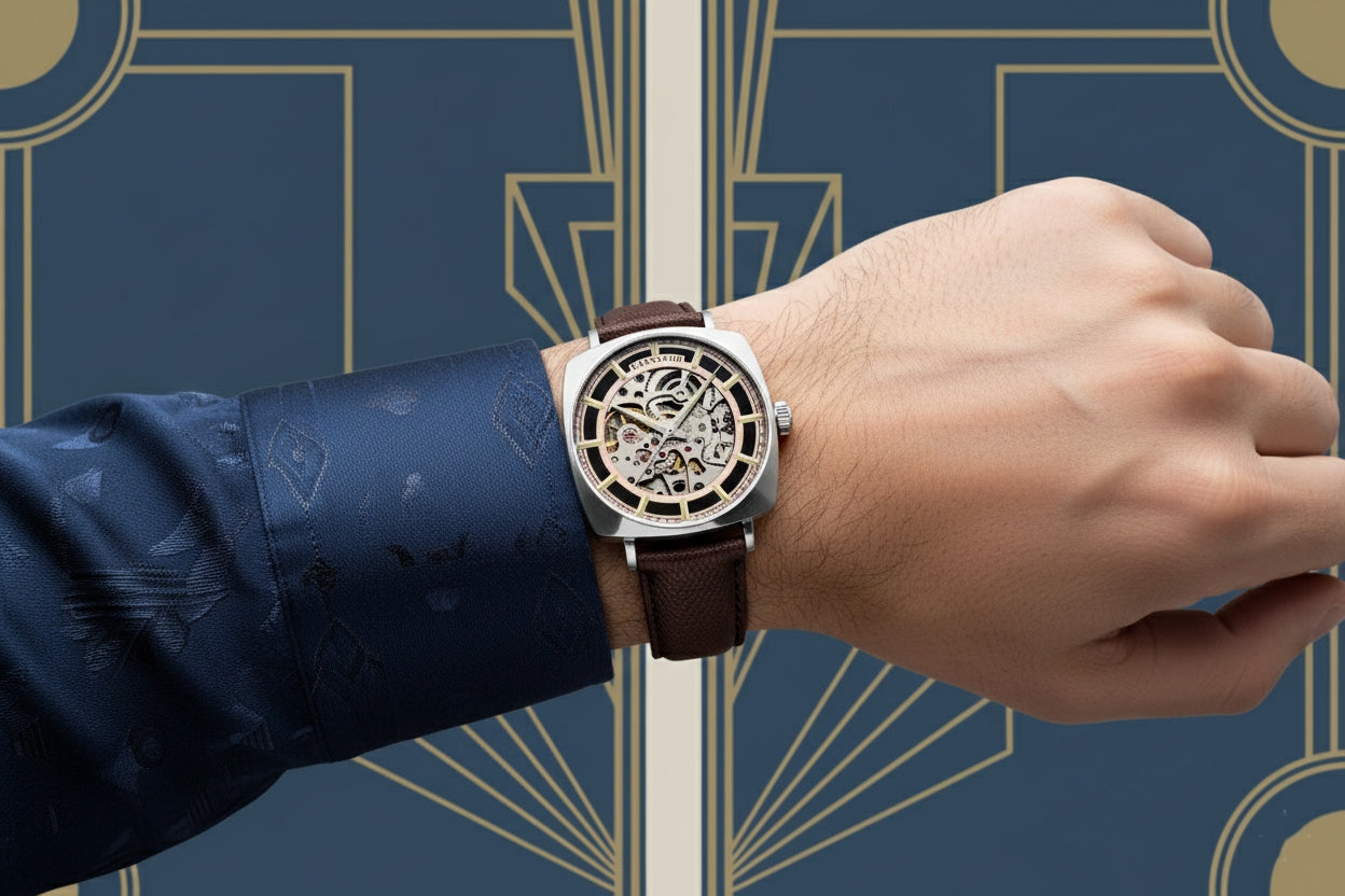 Thomas Earnshaw Men's 40mm Moorgate Automatic Skeletonized Square Leather Strap Watch