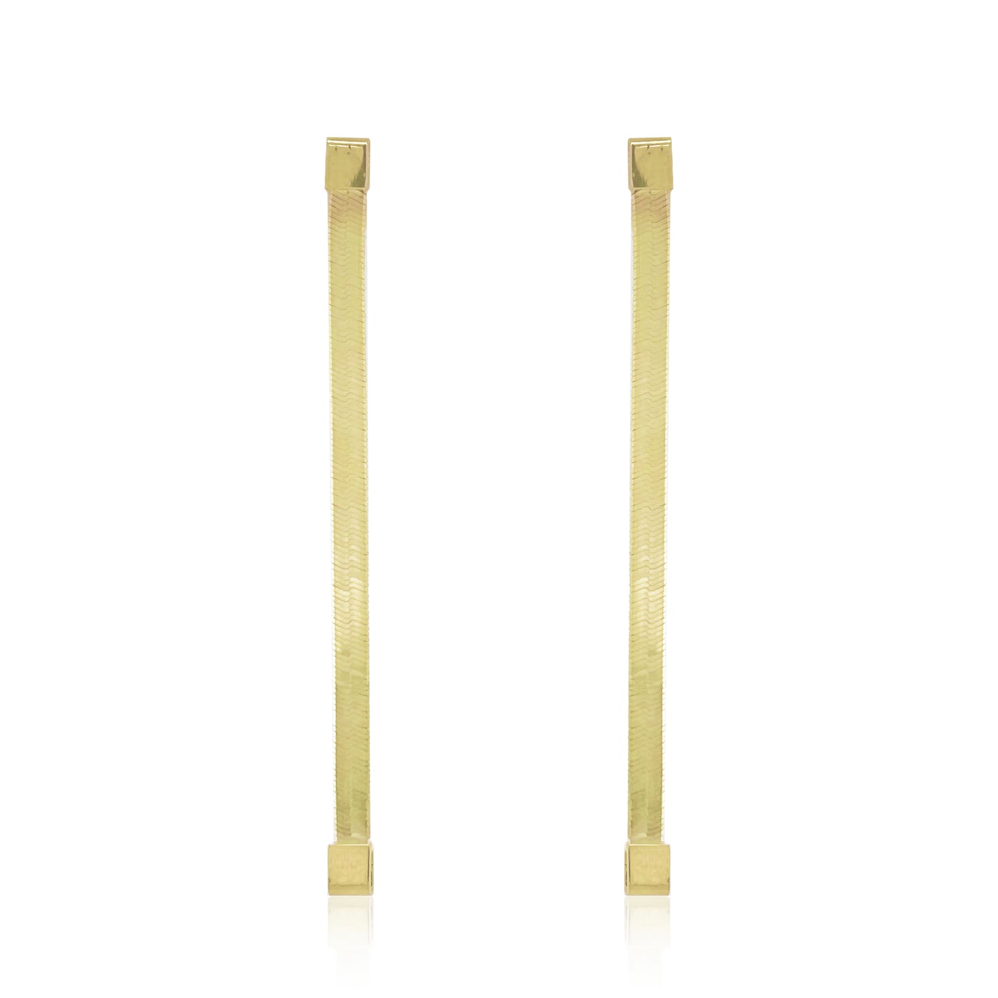A pair of gold-toned bar earrings with textured vertical bars and square ends, displayed on a clean white background.