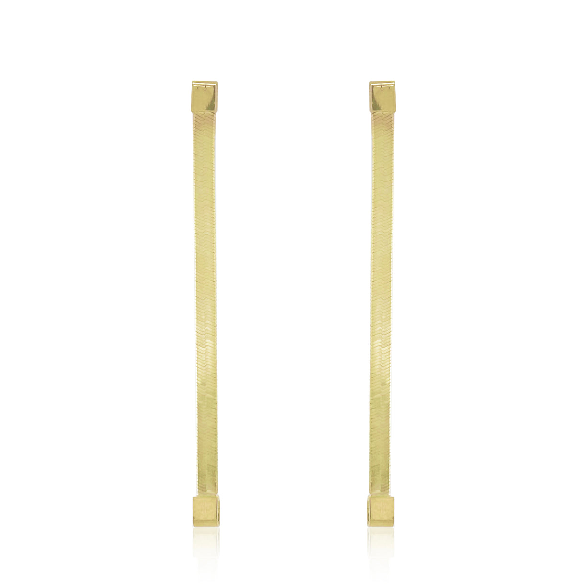A pair of gold-toned bar earrings with textured vertical bars and square ends, displayed on a clean white background.