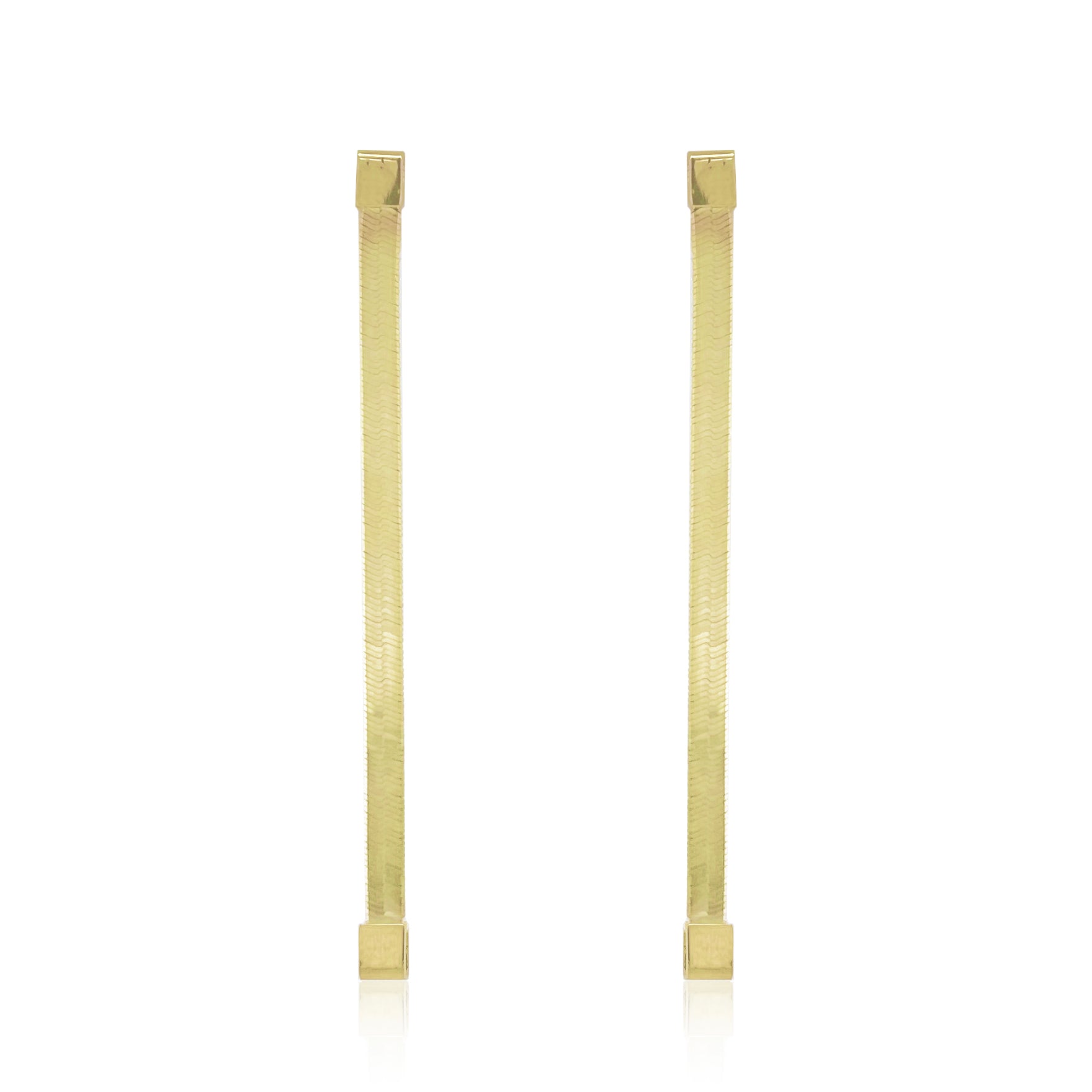 A pair of gold-toned bar earrings with textured vertical bars and square ends, displayed on a clean white background.