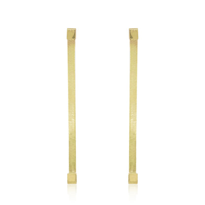 A pair of gold-toned bar earrings with textured vertical bars and square ends, displayed on a clean white background.