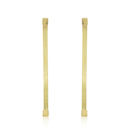 A pair of gold-toned bar earrings with textured vertical bars and square ends, displayed on a clean white background.