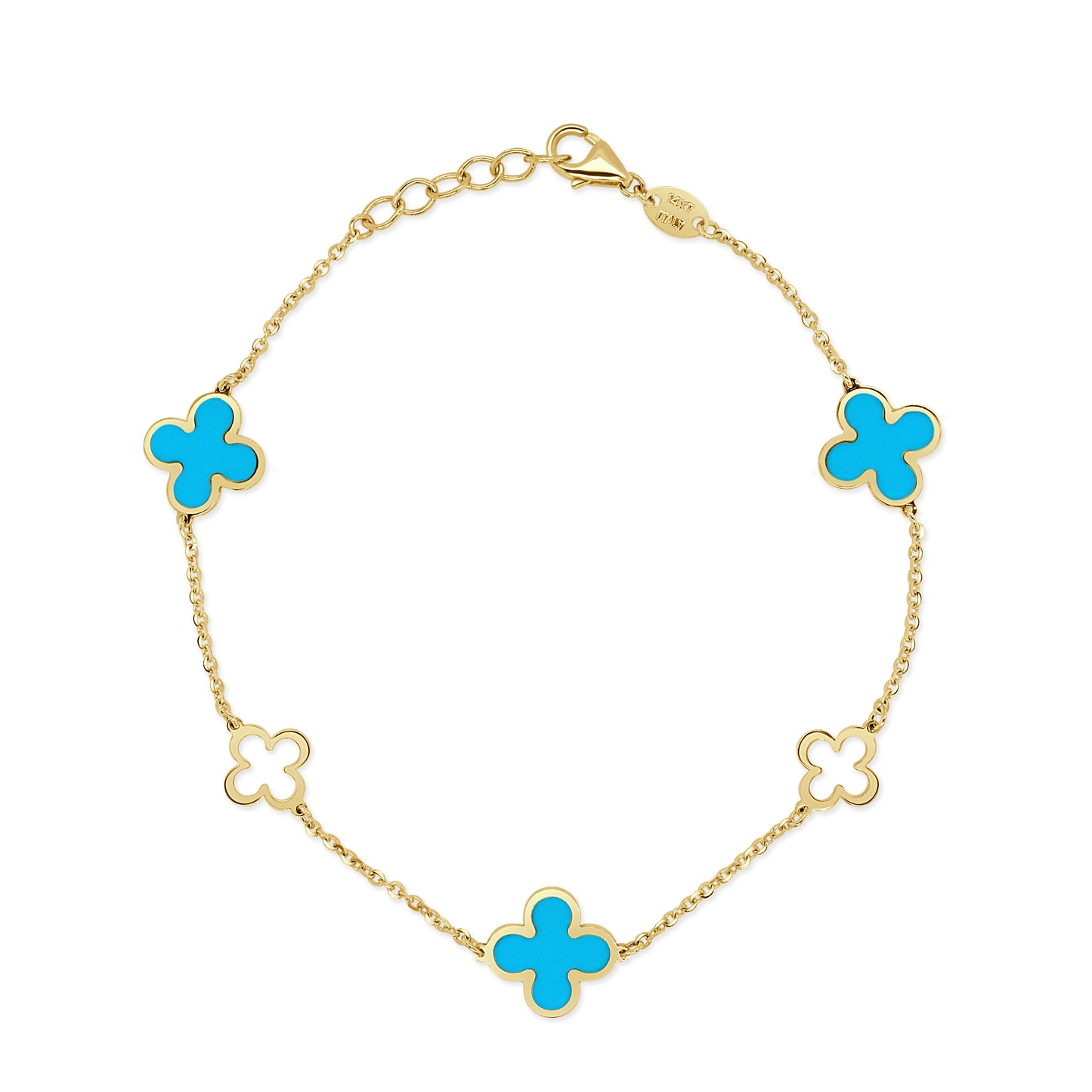 14K Italian Gold 5-Station Turquoise Clover Bracelet