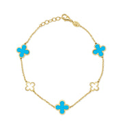 14K Italian Gold 5-Station Turquoise Clover Bracelet