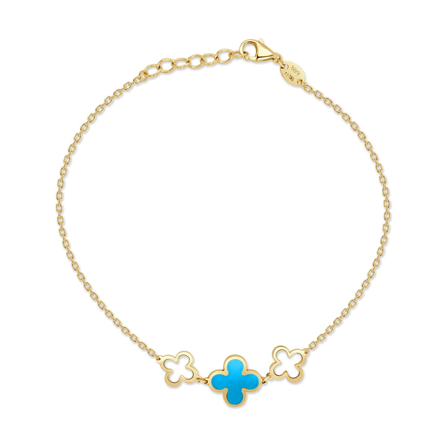 14K Italian Gold 3-Station Turquoise Clover Bracelet