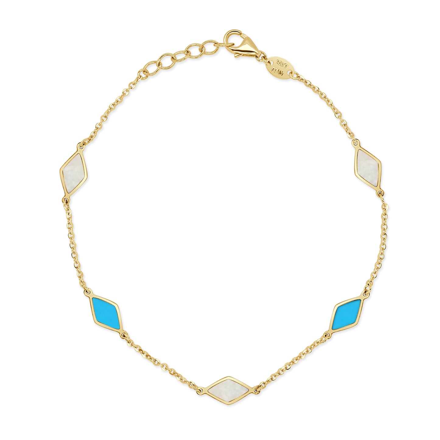 14K Italian Gold Turquoise & Mother-of-Pearl Diamond-Shaped Alternating Station Bracelet