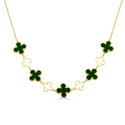 14K Italian Gold Gemstone Clover & Open Clover Bib Necklace