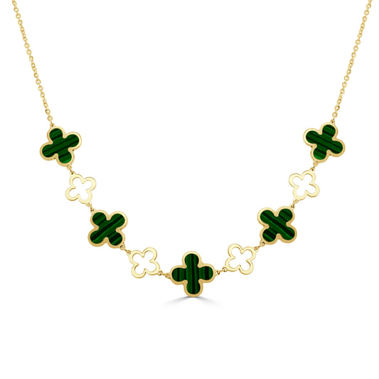 14K Italian Gold Gemstone Clover & Open Clover Bib Necklace