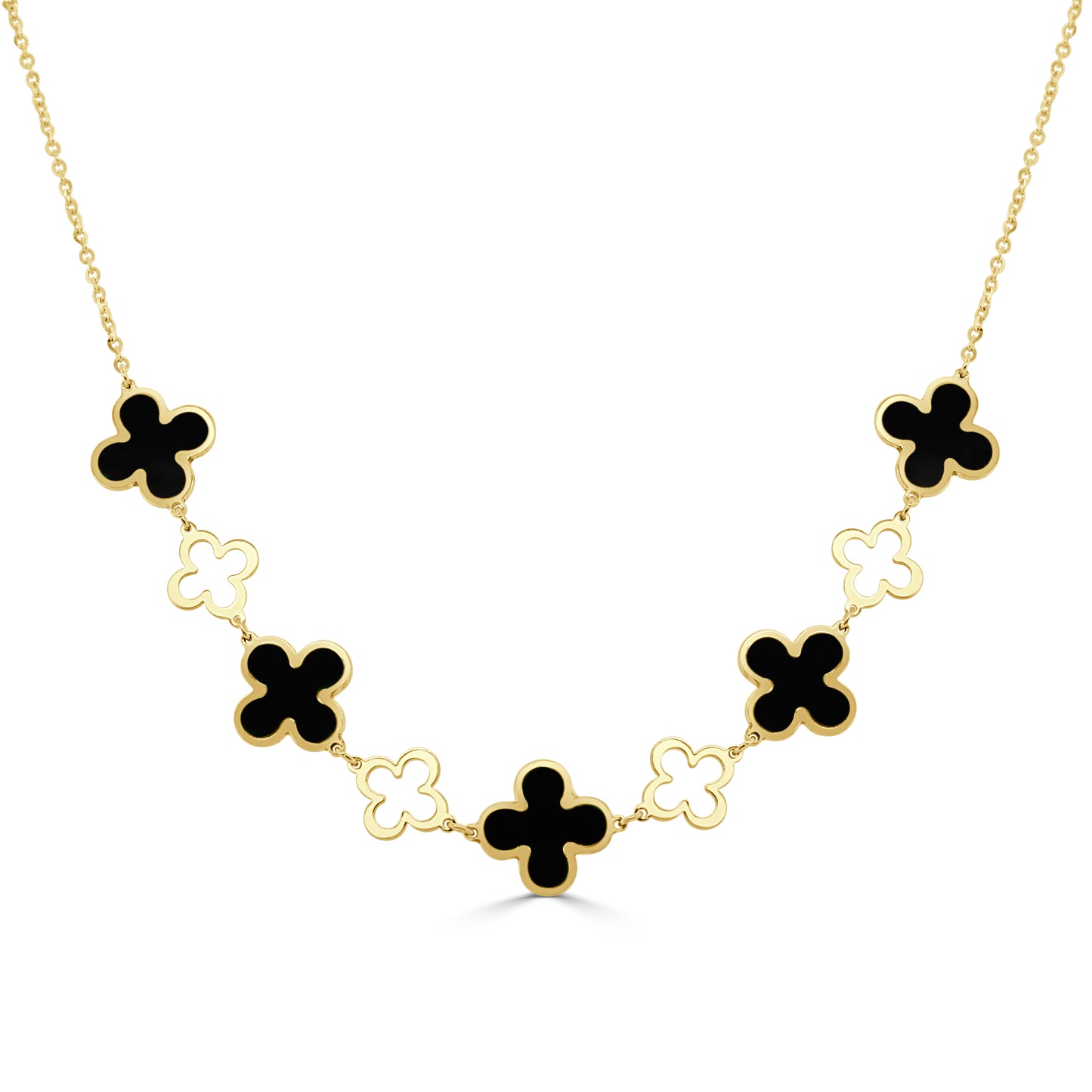 14K Italian Gold Gemstone Clover & Open Clover Bib Necklace