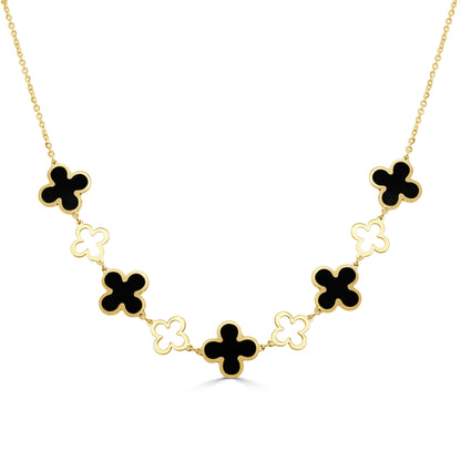 14K Italian Gold Gemstone Clover & Open Clover Bib Necklace