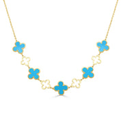 14K Italian Gold Turquoise Clover & Open Stations Alternating Necklace