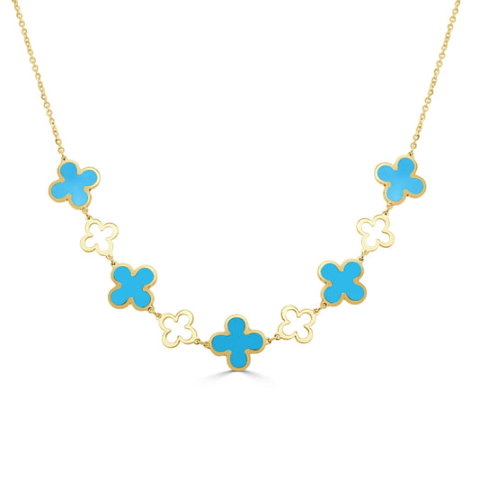 14K Italian Gold Turquoise Clover & Open Stations Alternating Necklace