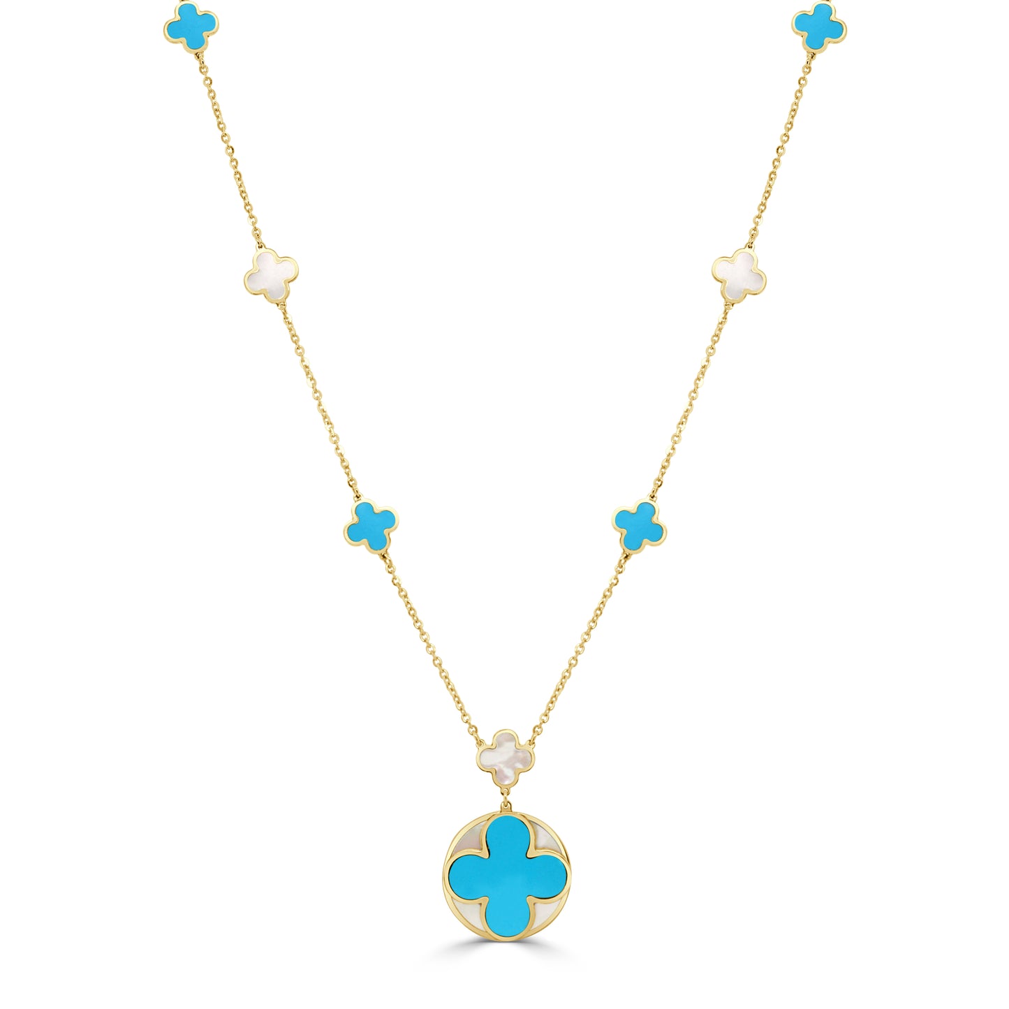 14K Italian Gold Turquoise Clover Mother-of-Pearl Inlay Station Necklace