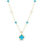 14K Italian Gold Turquoise Clover Mother-of-Pearl Inlay Station Necklace