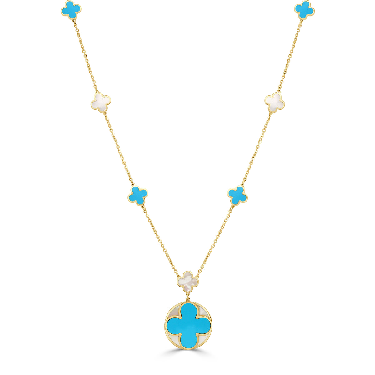 14K Italian Gold Turquoise Clover Mother-of-Pearl Inlay Station Necklace