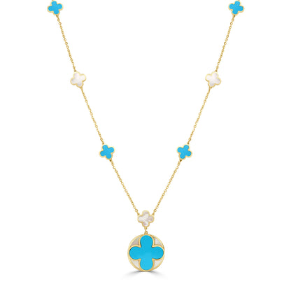 14K Italian Gold Turquoise Clover Mother-of-Pearl Inlay Station Necklace