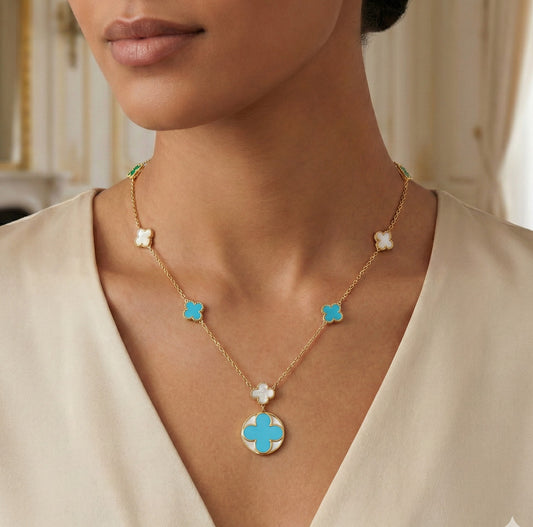 14K Italian Gold Turquoise Clover Mother-of-Pearl Inlay Station Necklace