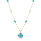 14K Italian Gold Turquoise Clover Mother-of-Pearl Inlay Station Necklace