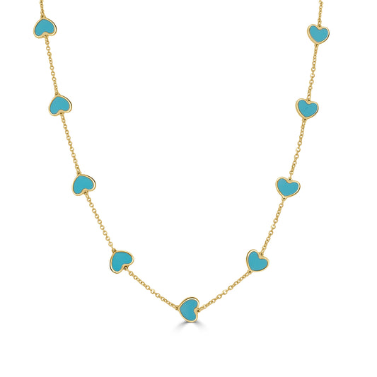 14K Italian Gold Turquoise Heart Station Necklace