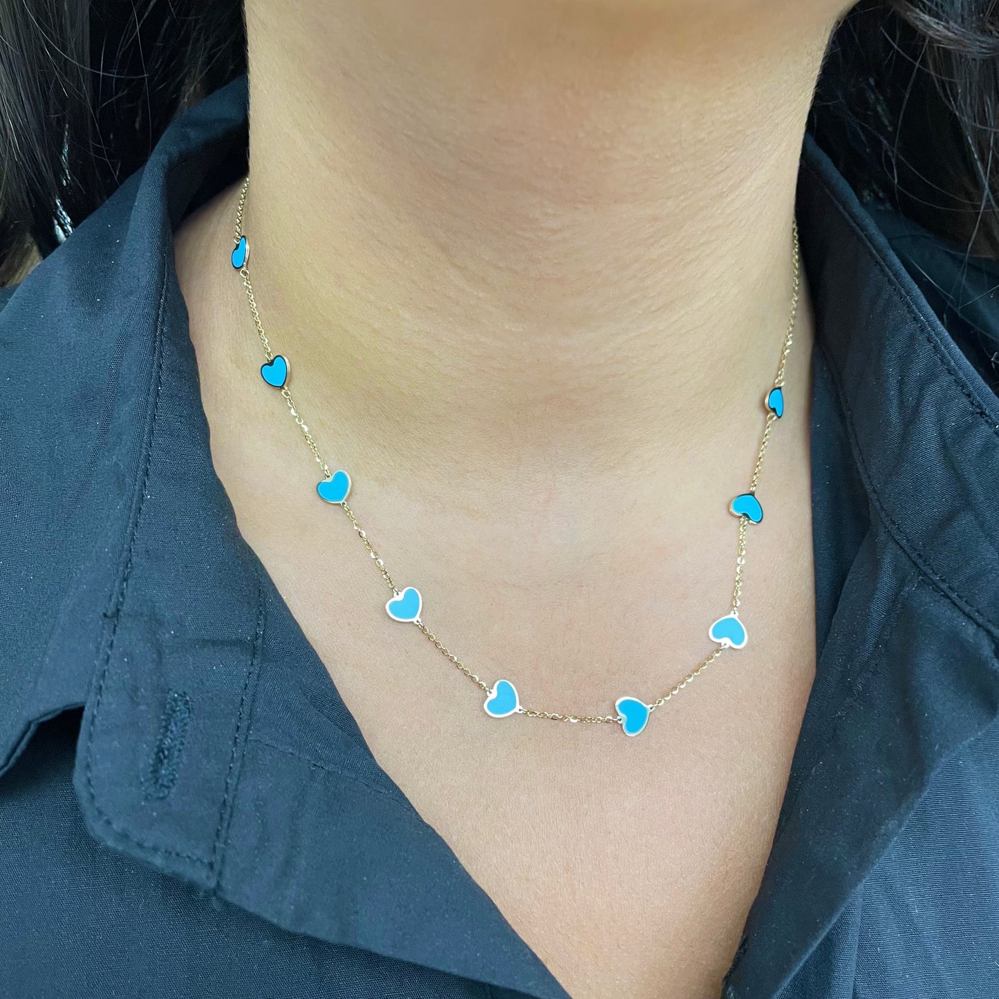 14K Italian Gold Turquoise Heart Station Necklace