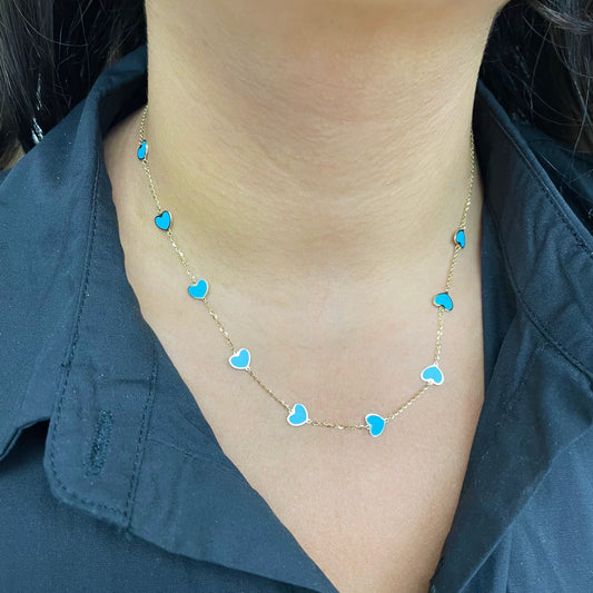 14K Italian Gold Turquoise Heart Station Necklace