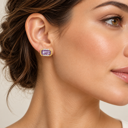 Luxury by Leonardo 14K Gold Emerald-Cut Gemstone & Diamond East-West Stud Earrings