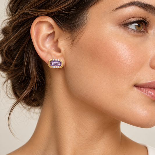 Luxury by Leonardo 14K Gold Emerald-Cut Gemstone & Diamond East-West Stud Earrings