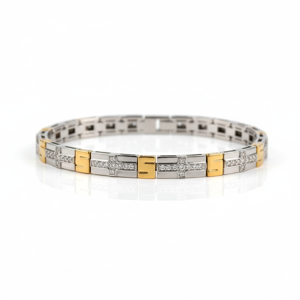 Two-tone bracelet with diamond accents on a white background