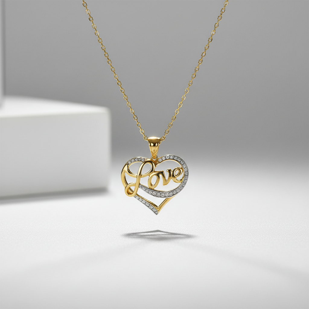 Gold and silver heart-shaped pendant with 'love' engraving on a gray background